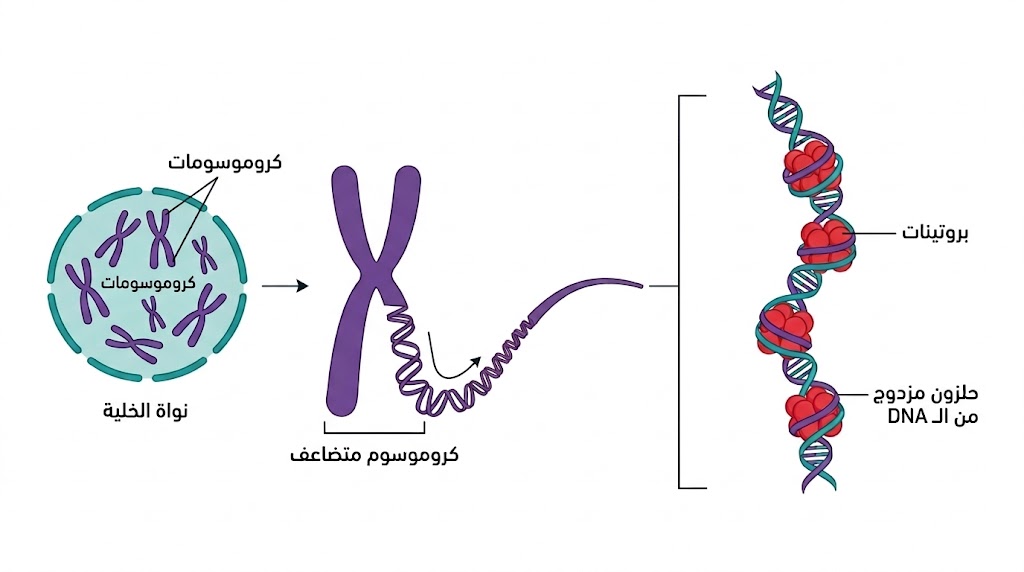 رسم يوضح الكروموسومات داخل النواة وسلاسل الـ DNA الملفوفة حول البروتينات
