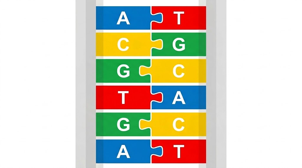 رسم توضيحي لدرجتين من سلم DNA توضح الارتباط الدقيق بين القواعد النيتروجينية بالألوان
