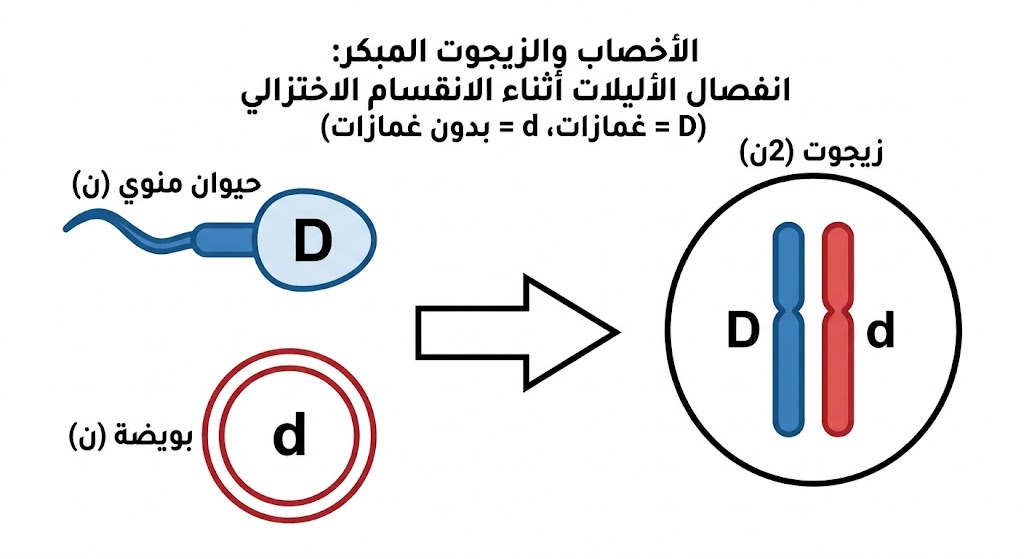 رسم تخطيطي يوضح انفصال الجينات المتقابلة (الأليلات) للغمازات أثناء الانقسام المنصف واتحادها لتكوين الزيجوت