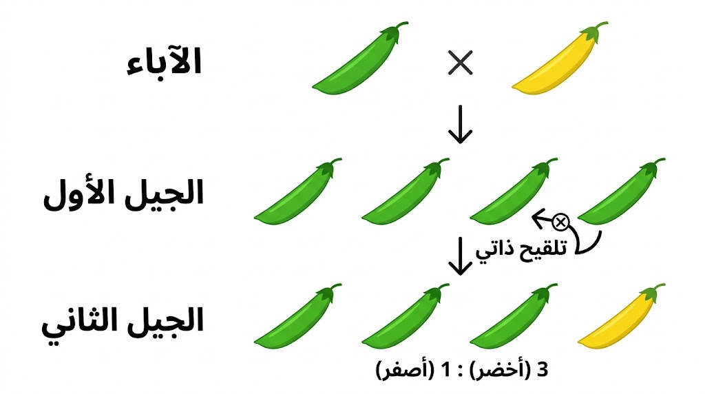 رسم يوضح تجارب مندل على نبات البازلاء وانتقال الصفات
