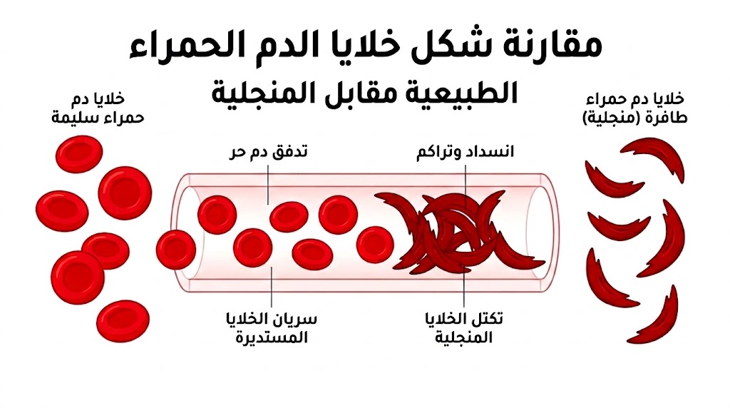 مقارنة بين خلايا الدم الحمراء القرصية الطبيعية والمنجلية