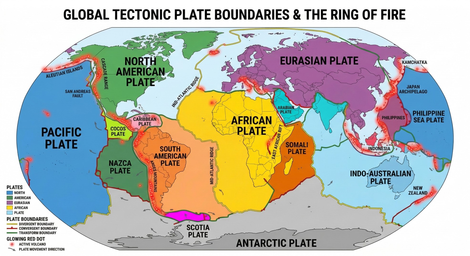 خريطة توزيع البراكين وحدود الصفائح