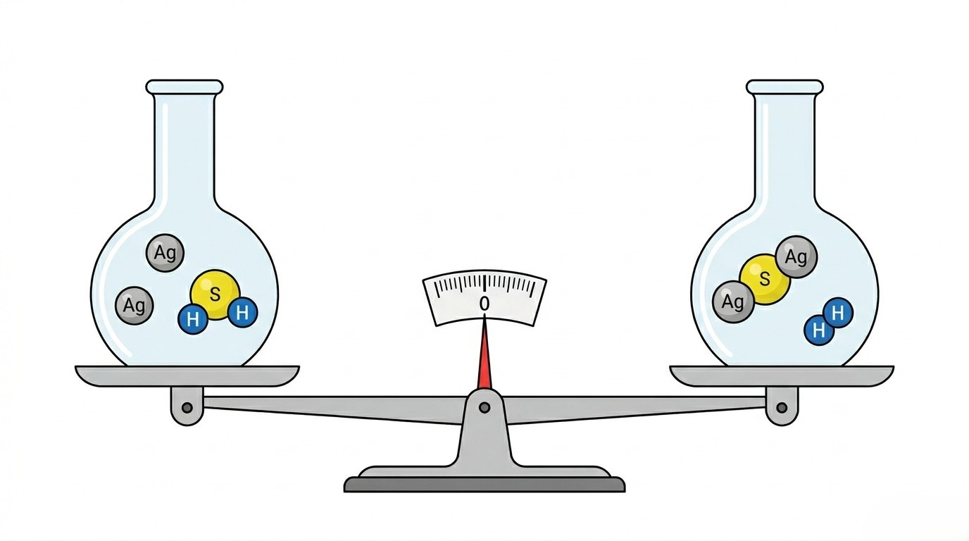 ميزان يوضح تساوي كتل الذرات في المتفاعلات والنواتج حسب قانون حفظ الكتلة